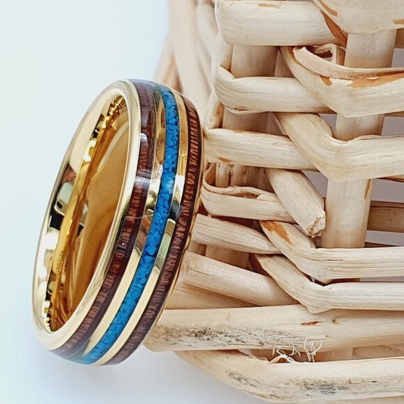 Turquoise Tungsten Ring, Gold Wedding Band Ring, GALTUN1029-9 - Picture 4 of 6